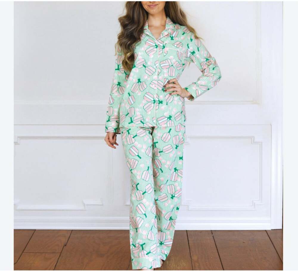 8 Oak Lane Pajama Set Womens L/XL Green Pickleball Print Button Top Pants PJs
